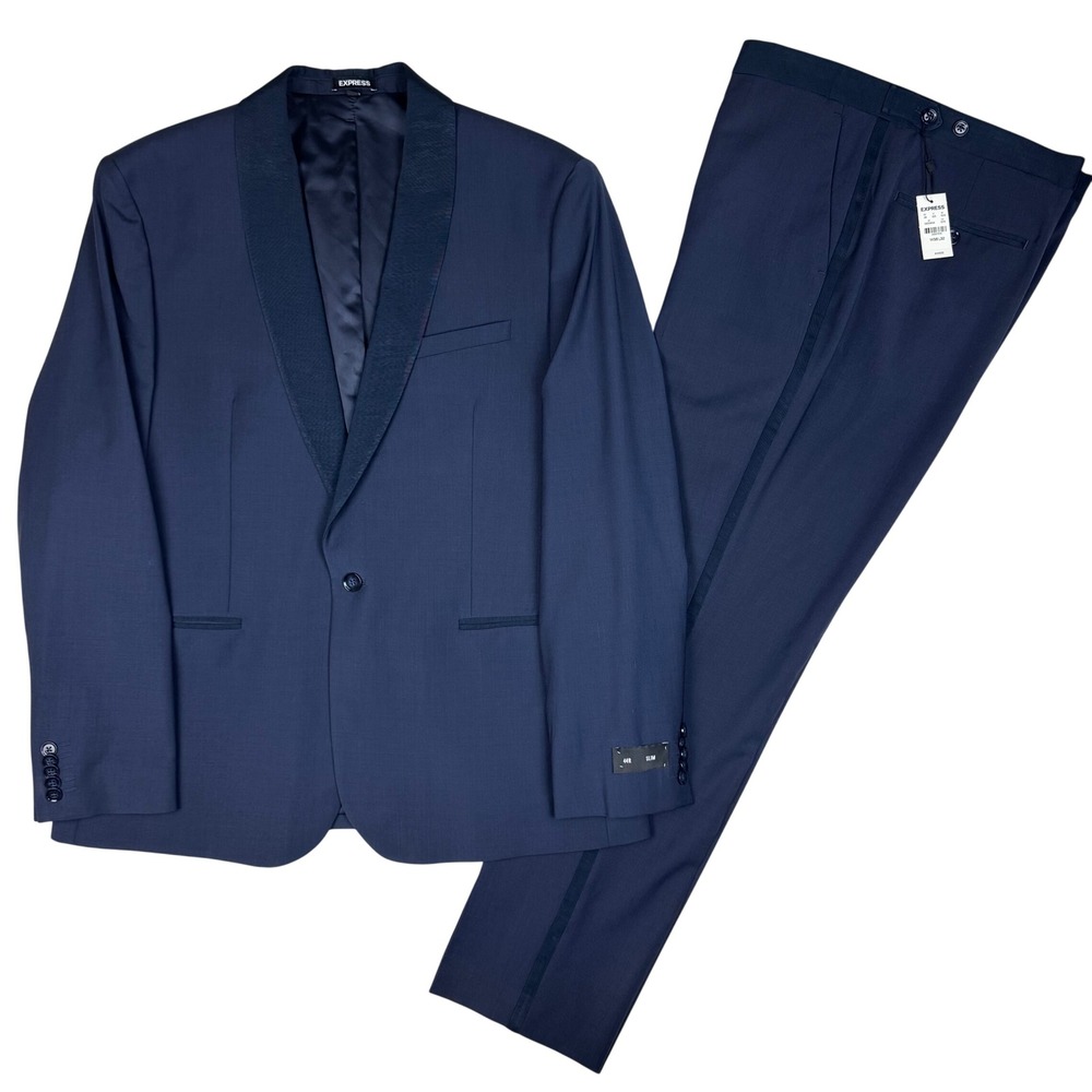 NEW Express Tuxedo Suit Mens Navy Slim Fit Shawl Lapel 2pc Set Wool Blend Luxury